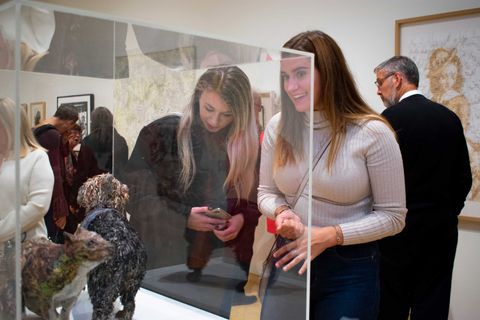 two students look inside a case in the gallery