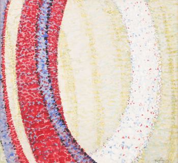 An abstract painting of red, purple, white, and cream colored circular shapes