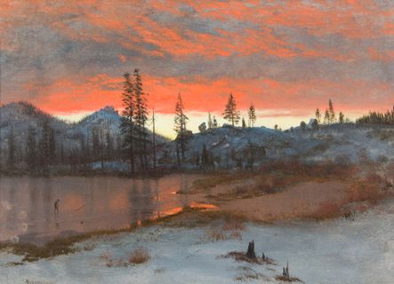 A painting of a sunrise or sunset over a lake