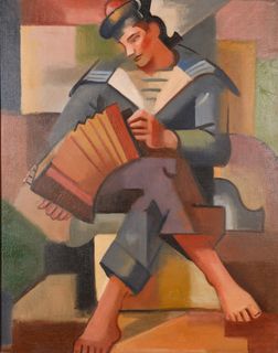 A colorful painting of a man playing an instrument surrounded by geometric shapes