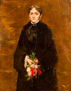 A painting of a woman in black attire holding flowers 