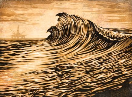 Gold, black, and white print of a wave 