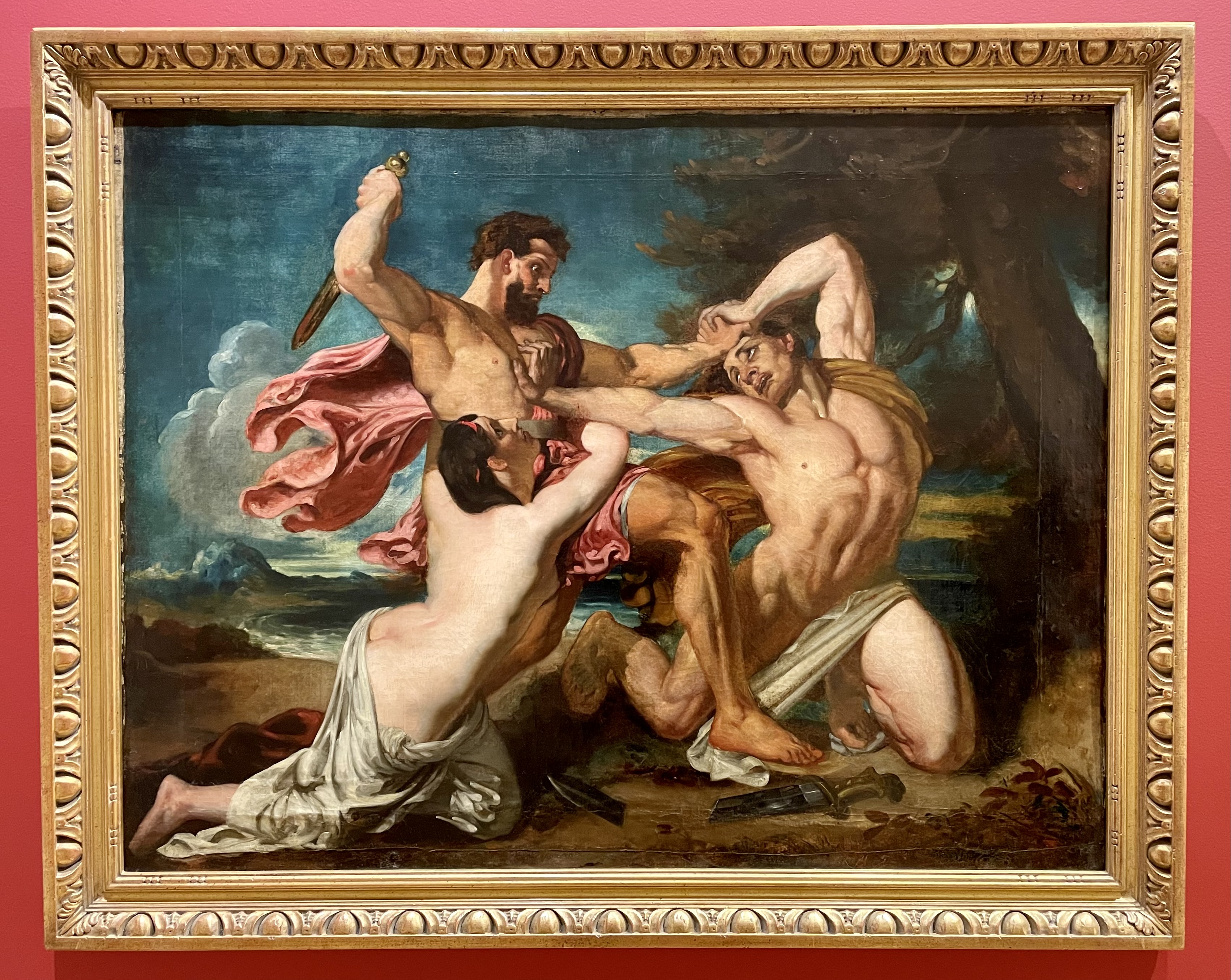 Oil painting of three figures fighting, titled, "Allegory (The Combat)"