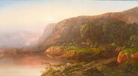 A painting of a cliff beside a body of water