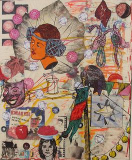 A colorful print of a womans head amongst many shapes