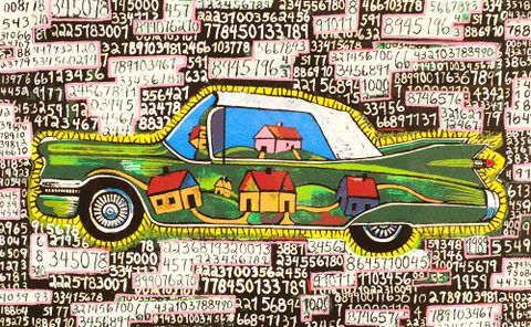 A print of a green car with many different black and white numbers in the background 