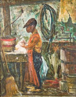 A painting of a man working in a shop