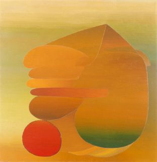 An abstract painting with spheres and gold, red, and green gradients
