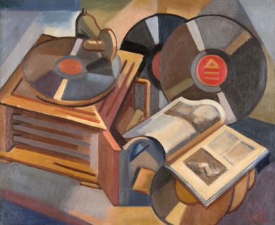 A painting of a record player surrounded by records 