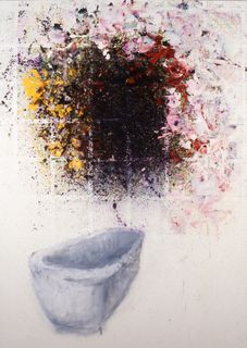 A painting with black, yellow, and red paint splatters