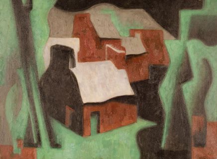 A painting of a snowy building surrounded by green abstract shapes