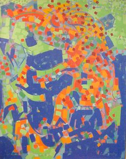 An abstract painting of red, orange, and yellow dots with blue and green cubes 