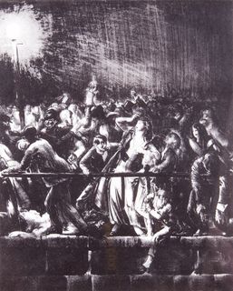 A black and white print of a crowd of people